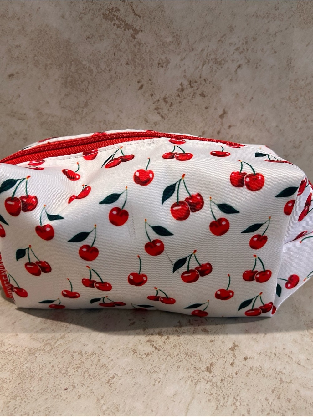 Velvet Caviar White Cosmetic Bag with Red Cherry Print
